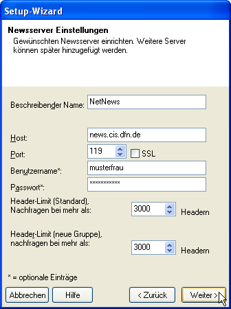 Setup-Wizard: Newsserver-Einstellungen