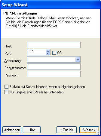 Setup-Wizard: POP3-Einstellungen