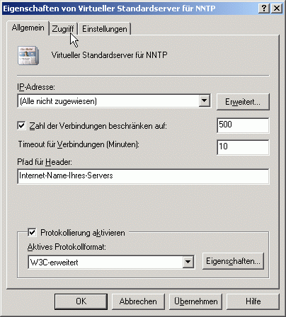 Registerkarte Allgemein Virtueller NNTP-Server - Konfigurationsparameter