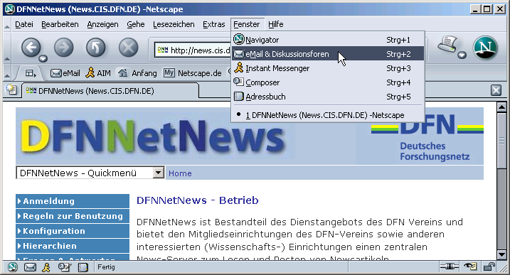 Menü: Fenster / eMail & Diskussionsforen