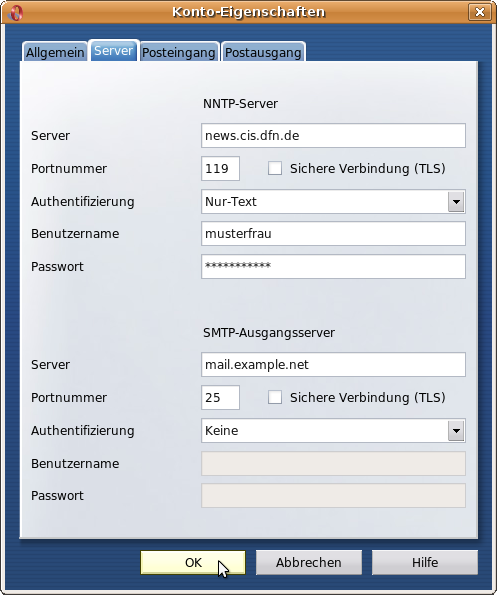 Sichere Verbindung (TLS) - nicht ankreuzen