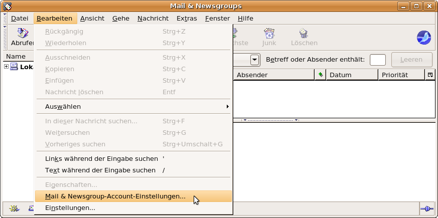 Menü: Bearbeiten - Mail & Newsgroup-Account-Einstellungen
