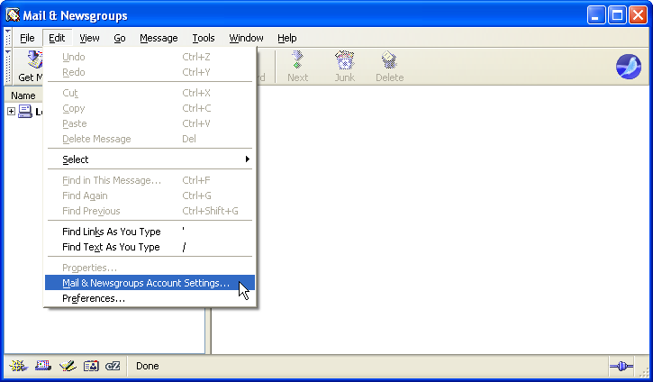 Menu: Edit - Mail & Newsgroups Account Settings