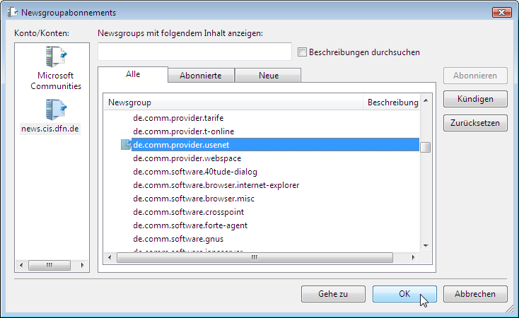 Auswahl von Newsgruppen